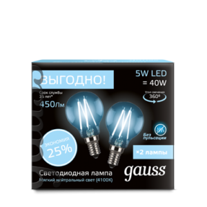 Лампа Gauss Filament Шар E14 5W 4100К 2/100 (2 лампы в упаковке)