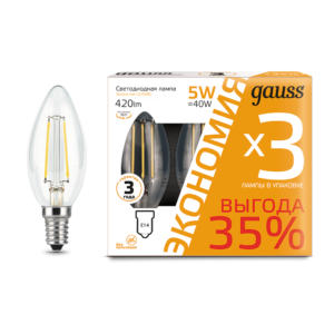 Лампа Gauss Filament Свеча E14 5W 2700К 1/20 (3 лампы в упаковке)
