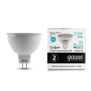 Лампа Gauss LED Elementary MR16 GU5.3 3.5W 4100K 1/10/100