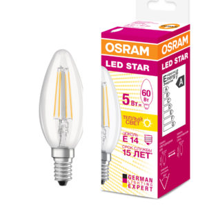 Лампа LED "свеча" Е14 5Вт (660Лм) 2700К 230В филаментная LEDVANCE OSRAM