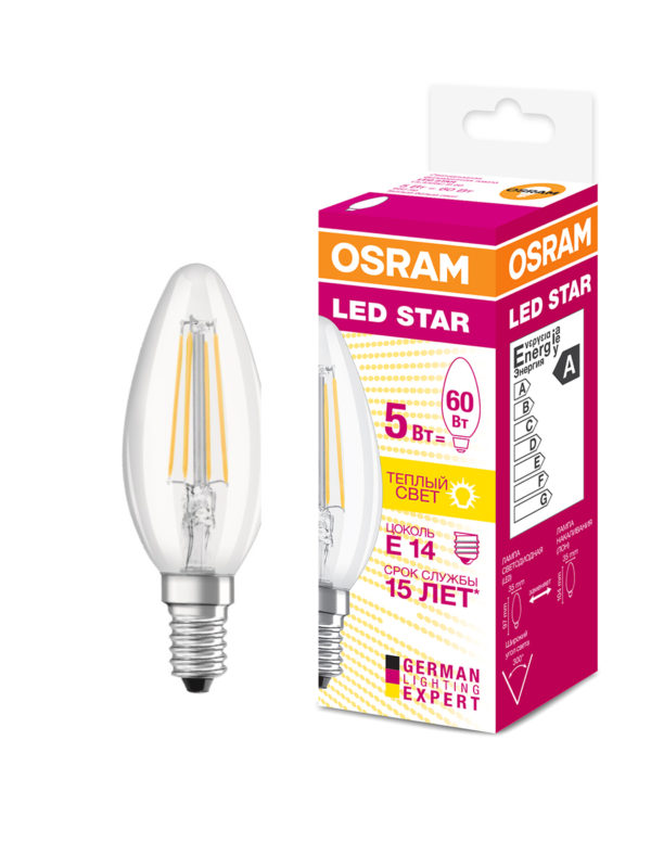 Лампа LED "свеча" Е14 5Вт (660Лм) 2700К 230В филаментная LEDVANCE OSRAM