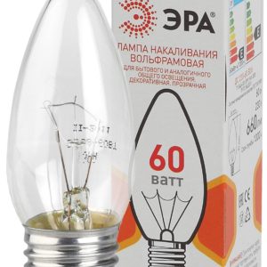 ДС 60-230-E27-CL Лампы НАКАЛИВАНИЯ ЭРА ДС (B36) свечка 60Вт 230В E27 цв. упаковка