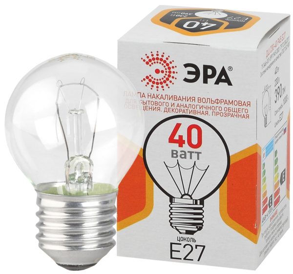 ДШ 40-230-E27-CL Лампы НАКАЛИВАНИЯ ЭРА ДШ (P45) шар 40Вт 230В Е27 цв. упаковка